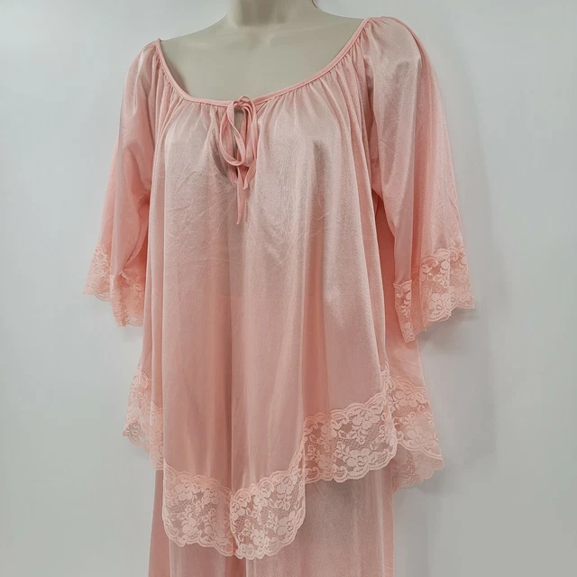 Vintage Jill Andrea New York Peachy Pink Pajama Set Keyhole Top Lace Trim Pant M