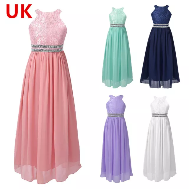 UK Girls Halter Neck Floral Lace Pageant Wedding Evening Gown Junior Bridesmaid