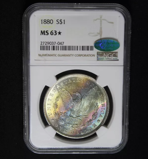 🌈 CAC 1880 Morgan Silver Dollar Graded NGC MS63 🌟 Rainbow Color Toned Coin