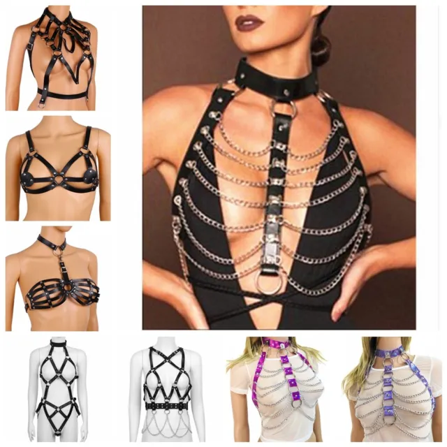 Women Body Leather Harness Chain Tassel Chest Belt Caged Bra Bust Goth Belt Club