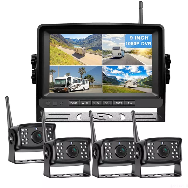 Digital Wireless 9" Quad DVR Monitor 4x 1080P AHD IR Backup Camera 12-24v Truck