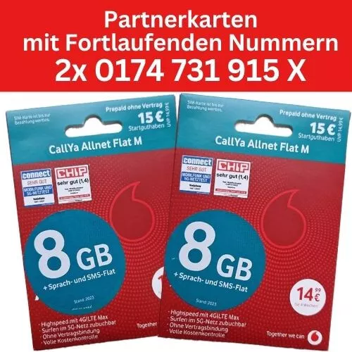 Vodafone Callya Prepaid Handy SIM Karte Partnerkarte m. Fortlaufenden Tel-Nr.