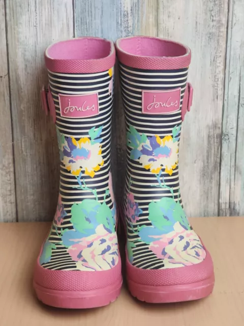 Joules Girls Welly Print Pink Floral Striped Pull-On Rain Boots Size 12 3