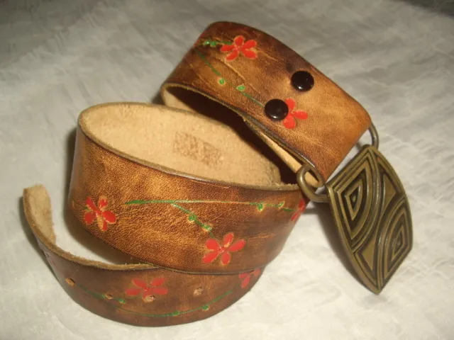 Girl's Tooled Brown Leather Belt with Red Flowers Floral 29 Inches Long