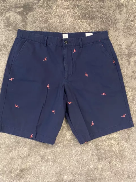 Gap Chino Shorts Mens 36 Navy Blue Flamingo Print Straight Leg Comfortable