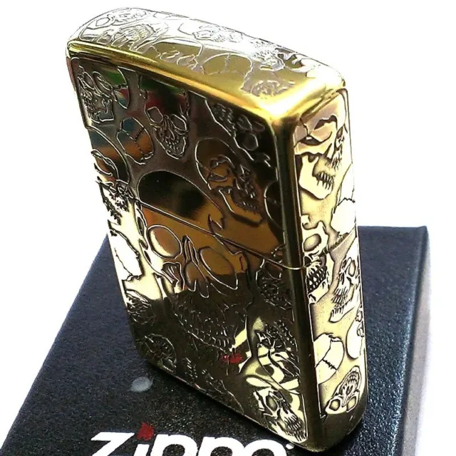 Zippo Mosh Skull Many Scull 5 sides Etching Oxidized Brass Antique Gold Plating