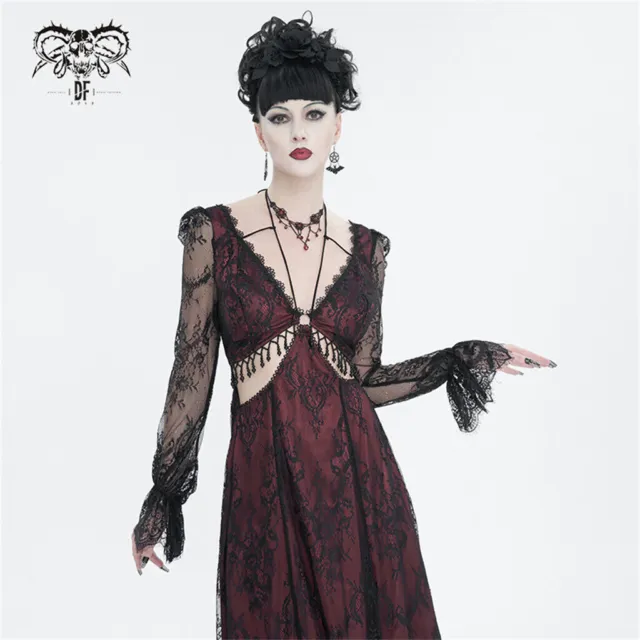 Devil Fashion Black And Red Vintage Sexy Gothic Lace Long Sleeve Party Dress
