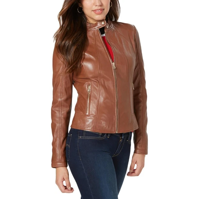 Guess Leather Jacket Snap Collar Womens XS Cognac Brown Moto Guess Leather Jacket Snap Collar Womens XS Cognac Brown Moto