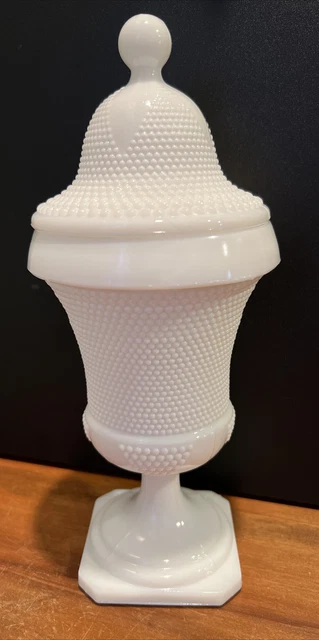 Vintage L.E. Smith Micro Hobnail Milk Glass Lidded Urn Pedestal Covered Jar