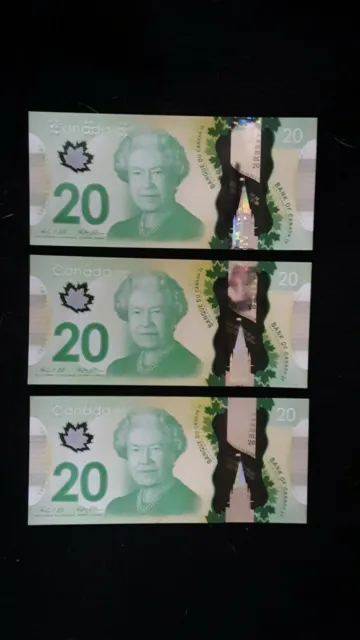 Set of Three  2012 NEW Sequential UNC Canadian Polymer $20 Banknotes