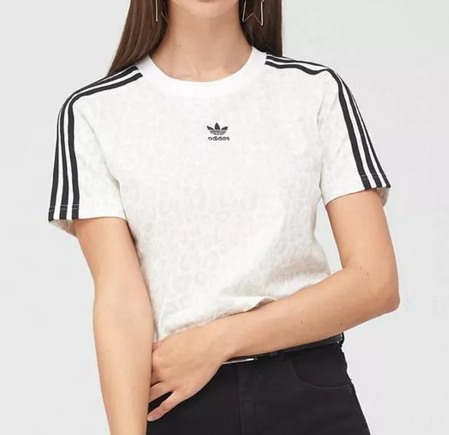 Adidas Originals Leopard Print Cropped Top 3 Stripes Tee Tshirt Uk 12-20 New
