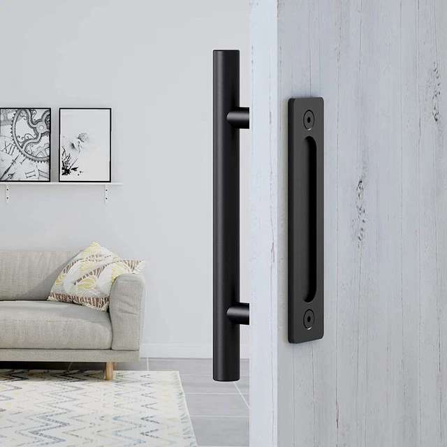12" Cylinder Antique Sliding Barn Door Handles Pull and Flush Hardware Kit Black