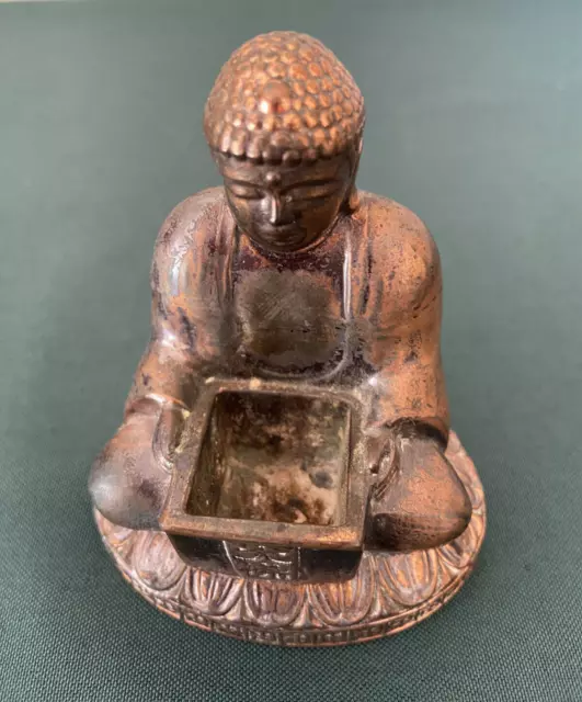 Antique Copper Sitting Buddha Incense Holder 3 1/2" x 3" Buddhist
