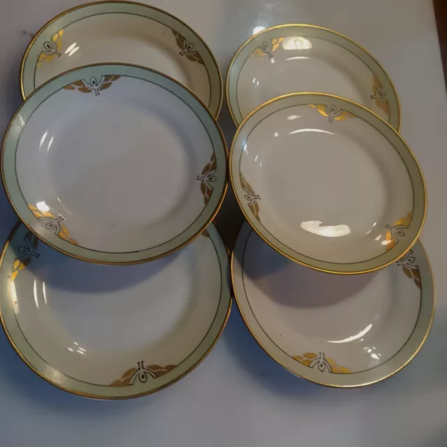 6 Hand Painted Nippon  Bread & Butter Plates 6.5" Soft Green Gold Trim on White