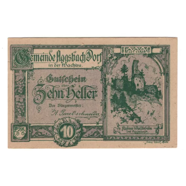 [#324313] Banknote, Austria, Aggsbach Dorf N.Ö. Gemeinde, 10 Heller, valeur faci