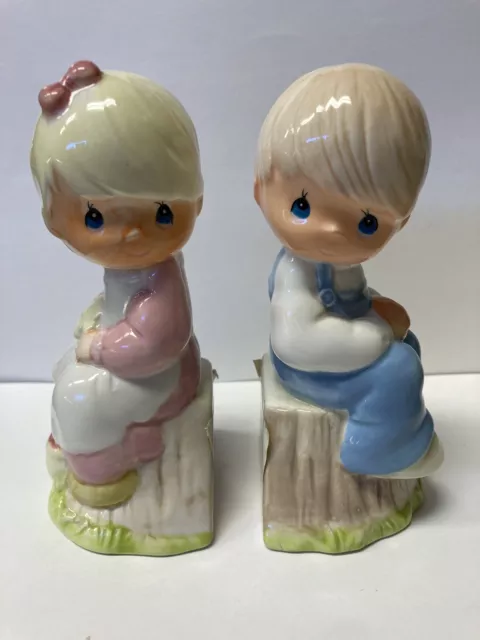 Gibson Precious Moments 2007 Salt & Pepper Shakers Glossy Girl & Boy On Trunk