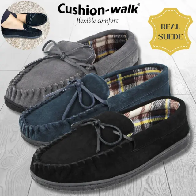 Mocassino Cushion Walk da uomo in vera pelle scamosciata slip on slip on inverno pantofole piene Regno Unito