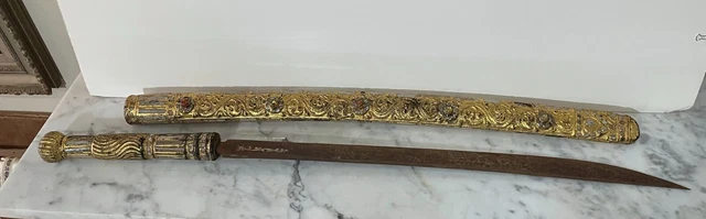 Gorgeous Antique Thai Royal Ceremonial Sword With Gilt Finish And Stones