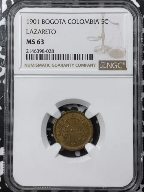 1901 Colombia Bogota Leper Colony 5 Centavos NGC MS63 Lot#G5983 Choice UNC!