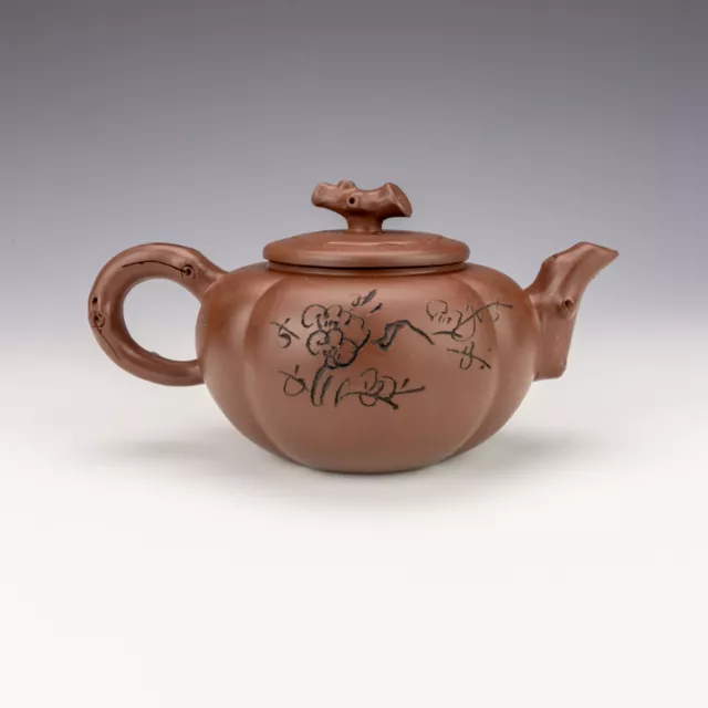 Antique Chinese Yixing Pottery Teapot - Incised Calligraphy Decorated Teapot