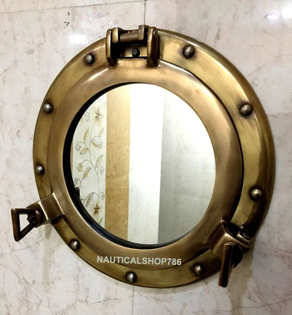 ANTIQUE BRASS 12& Porthole Nautical Maritime Ship Boat Wall Mirror Home