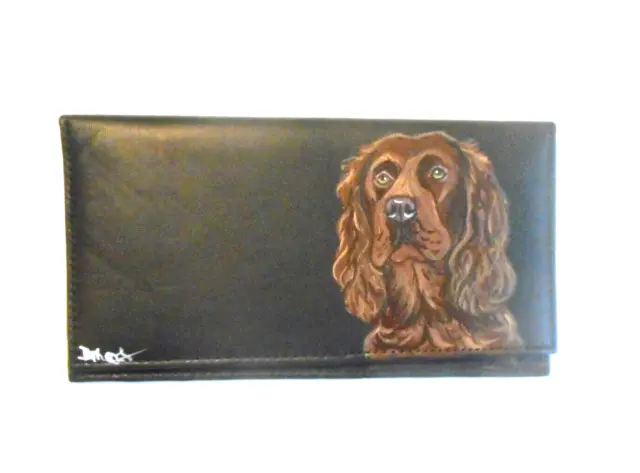 Sussex Spaniel Dog Painting Checkbook Cover Hand Painted Leather