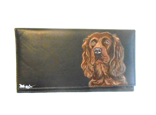 Sussex Spaniel Dog Painting Checkbook Cover Hand Painted Leather