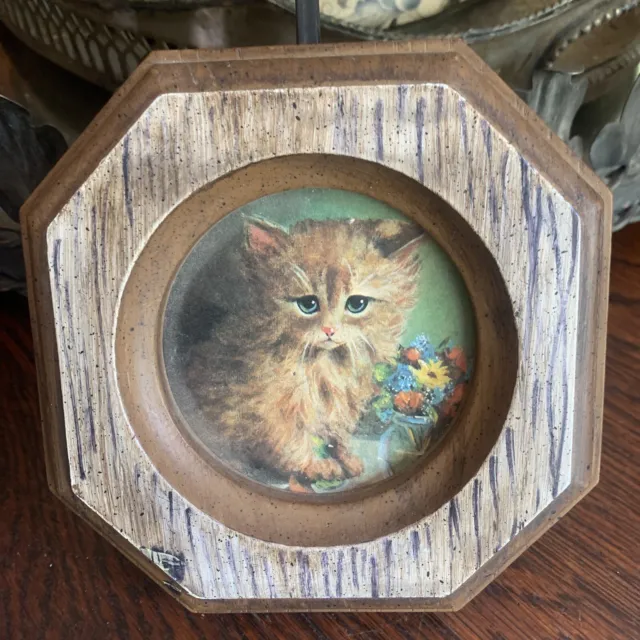 Vintage Cat Print With Octagon Wood Frame, 5.5”x5.5” Wall Hanging