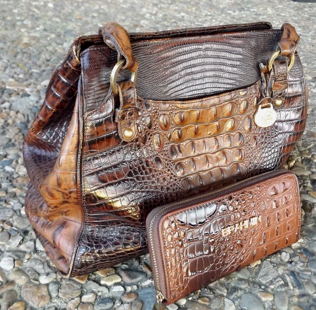 Brahmin Set Brown Leather Tote Shoulder Bag Croc Purse Handbag W/ Wallet Ady