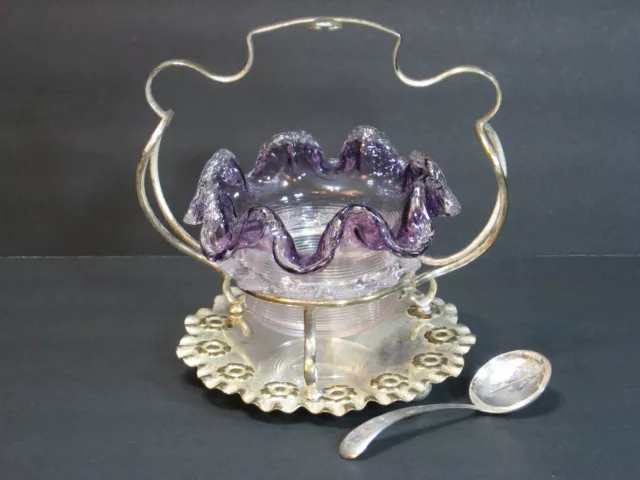 STEVENS & WILLIAMS AMETHYST ART GLASS THREADED BOWL IN SILVERPLATED STAND 1880's