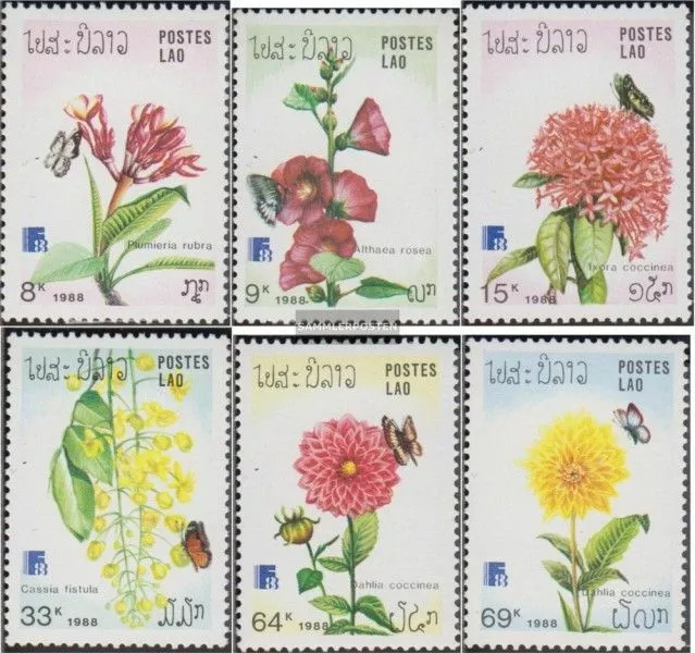 Laos 1098-1103 (kompl.Ausg.) postfrisch 1988 Schmetterlinge und Blumen