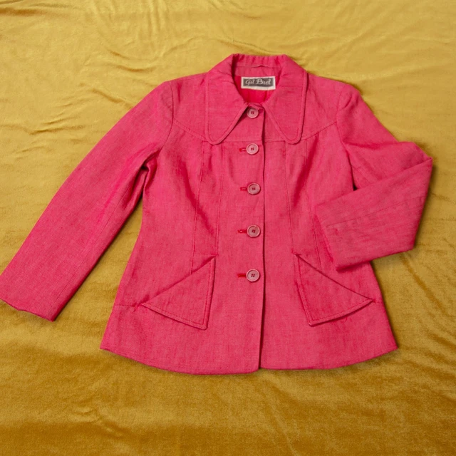 Giacca denim rosso vintage anni '70 a punta colletto grandi bottoni con tasche taglia S UK 8