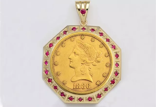 0.25 Ct Round Cut Simulated Ruby Liberty Coin Pendant In 14K Yellow Gold Plated