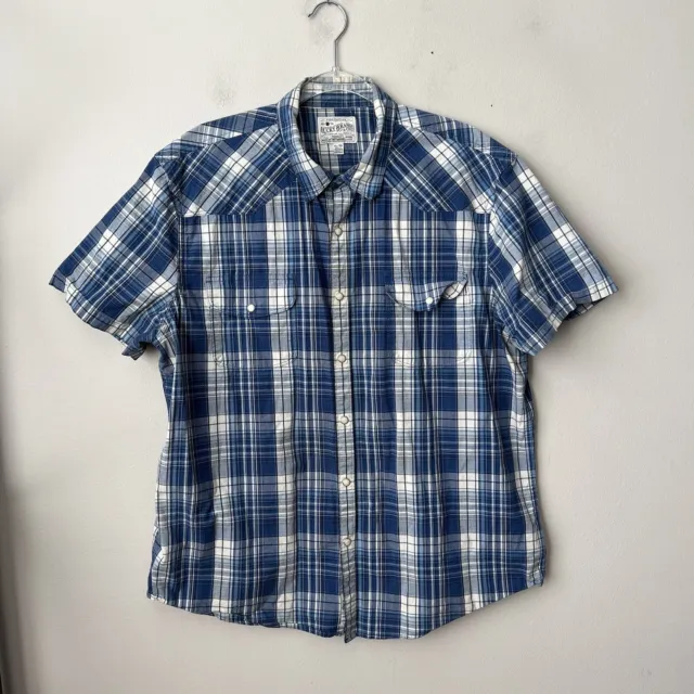 Lucky Brand Plaid Western Shirt Mens Size XL Pearl Snap Short Sleeve Rodeo Blue