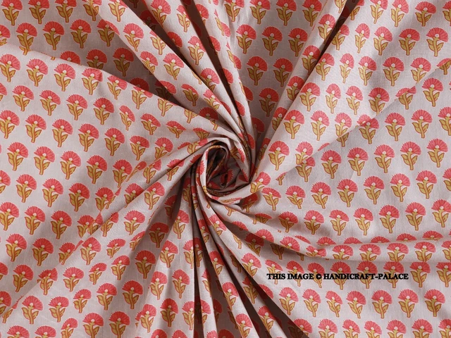 5 Yard Block Printed Dress Making Beige Fabric Cotton Indian Curtain Sewing