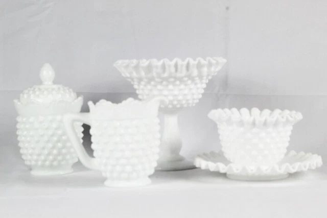 Fenton Hobnail White Milk Glass Saucer Bowl Footed Dish Creamer Sugar Bowl