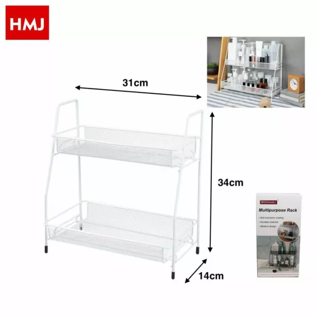 Rack Porta Oggetti Barattoli Organizer Cucina 2 Ripiani Metallo Bianco hmj