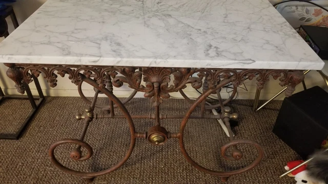 Vintage 1900's Table Italian marble top, French iron base with brass accents.