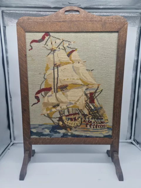 Beautiful Antique Oak Fire Screen With Embroidered Sailing Ship