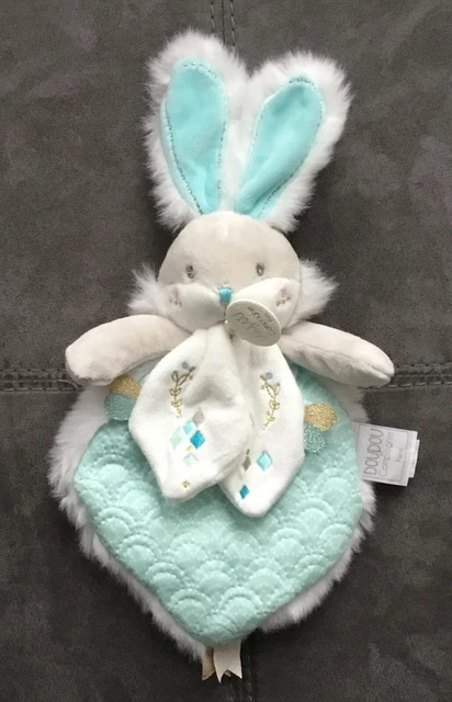 Doudou Lapin de sucre blanc bleu vert Amande DC3490 Doudou et Compagnie
