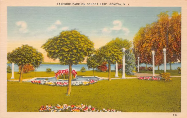 Geneva NY New York Seneca Lake Lakeside Park Downtown 1930s Vtg Postcard S1