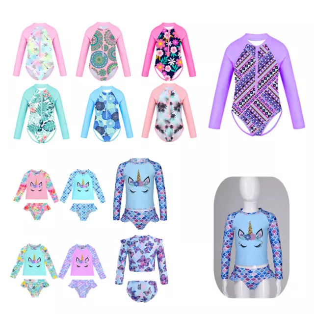 KIDS GIRLS TWO-PIECES Long Sleeve Swimsuit Palm Printed Zippered ...