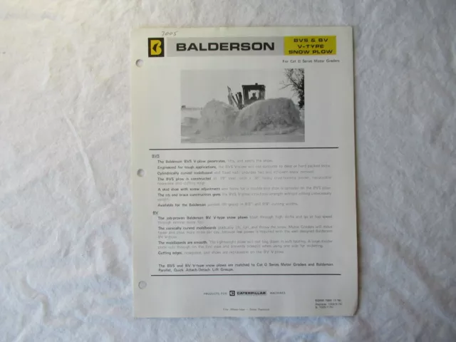 Balderson V-Type Snow Plow Specification Sheet Brochure Orig for CAT Grader G