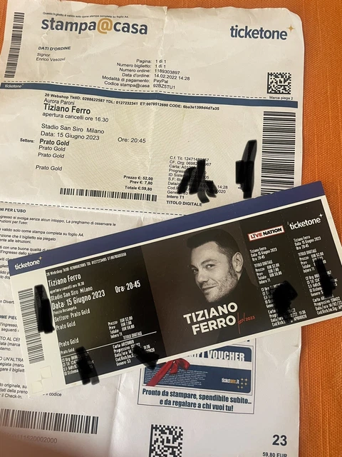 Tiziano ferro 2 biglietto per 15/6 /23 San siro prato gold