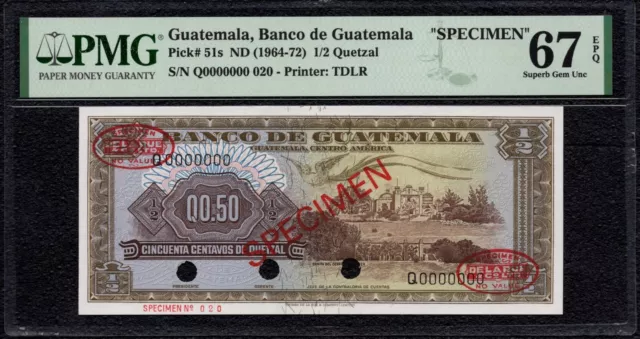 Guatemala 1/2 Quetzal ND(1964-72) P51s "Specimen" PMG 67 Rare