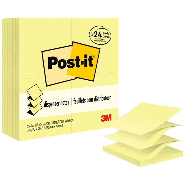 Post-it Pop-up Notes, 3" x 3", Canary Yellow, Pack Of 24 Pads