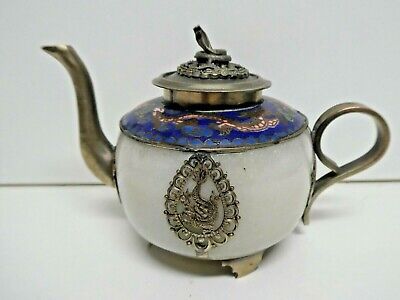 Old Jade Cloisonne Lotus Silver Metal Dragon Chinese Teapot Stamped Character