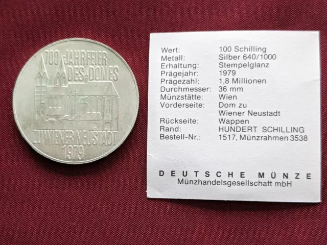 Silber Münze 100 Schilling 700 Jahrfeier des Domes zu Wiener Neustadt 1979