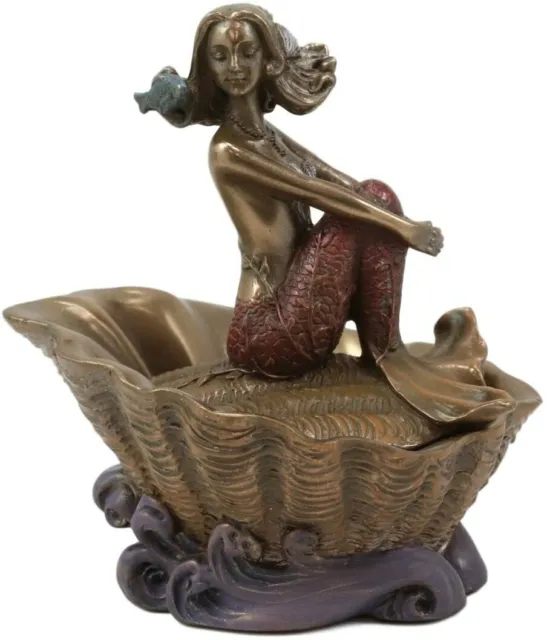 Bronzed Resin Mermaid On Giant Sea Clam Shell Small Jewelry Trinket Box