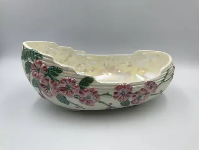 Maling Vintage Lustre Ware Ceramic Boat Shaped Fruit Bowl In Pink Apple Blossom